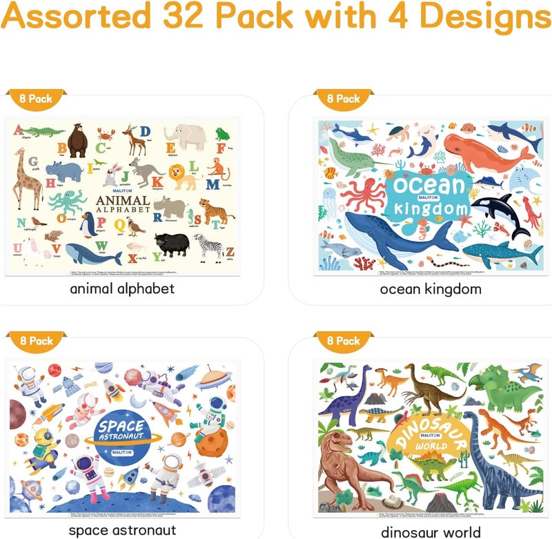 Maliton Disposable Placemats for Baby & Toddlers - Individually Wrapped 32 Pack Stick on Placemat Waterproof Baby Placemats for Dining Table, Travel, Restaurants, Animal Alphabet Designs (12x18 Inch) - Image 4